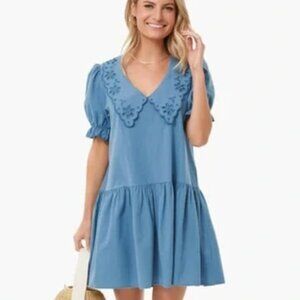 French Blue Drop Waist Scalloped Eyelet Collar Dress Pomander Place